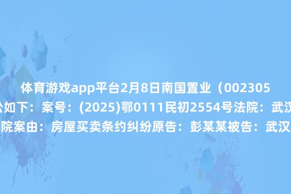 体育游戏app平台2月8日南国置业（002305）新增3件法院诉讼如下：　　案号：(2025)鄂0111民初2554号法院：武汉市洪山区东说念主民法院案由：房屋买卖条约纠纷原告：彭某某被告：武汉南国贸易发展有限公司、武汉南国洪创贸易有限公司、武汉大本营贸易责罚有限公司、南国置业股份有限公司案件类型：民事立案日历：2025年2月8日　　案号：(2025)鄂0111民初2553号法院：武汉市洪山区东说念主民法院案由：房屋买卖条约纠纷原告：肖某某、胡某某被告：武汉南国洪创贸易有限公司、南国置业股份有限公司、武汉南国贸易发展有限公司、武汉大本营贸易责罚有限公司案件类型：民事立案日历：2025年2月8日　　案号：(2025)鄂0111民初2552号法院：武汉市洪山区东说念主民法院案由：房屋买卖条约纠纷原告：章某某被告：武汉大本营贸易责罚有限公司、武汉南国洪创贸易有限公司、武汉南国贸易发展有限公司、南国置业股份有限公司案件类型：民事立案日历：2025年2月8日　　数据开首：企查查      		  					  -开云·Kaiyun(中国)官方网站-科技股份有限公司 登录入口